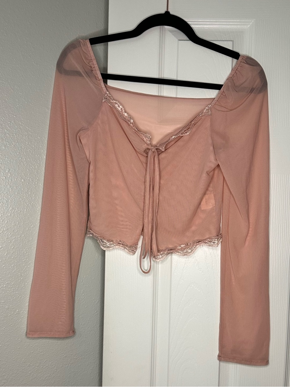Dazy Sheer Mesh Lace Trim Crop Top Coquette Fairycore Blush Pink L